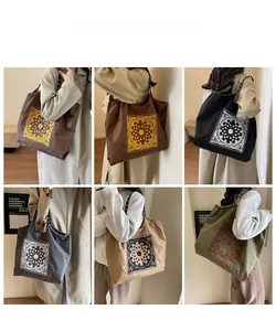Collage of canvas tote bags with mandala embroidery in five retro colors and drawstring handle