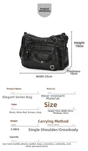 Detailed size specifications and multi-pocket layout for this soft black crossbody bag