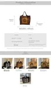 Detailed size chart for a canvas tote bag showing dimensions 49x36x12cm with color options