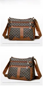Detailed views of vintage brown crossbody bag with printed canvas and triple zippers