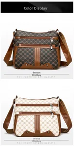 Close-up of vintage crossbody bags with multi-zipper pockets and monogram pattern