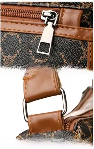 Detail of silver square zipper pull and metal hardware on monogram shoulder bag