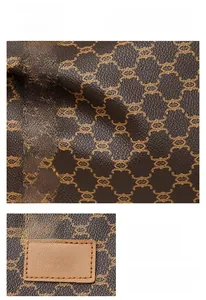 Macro detail of retro brown pebbled leather tote with vintage gold pattern and stitching