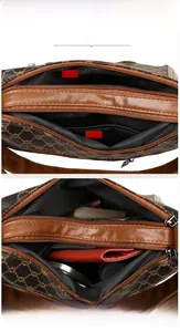 Detailed view of the large capacity interior with main pocket and zipper bag in brown tote