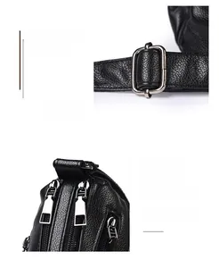Close-up of litchi grain leather texture with metal zipper and adjustable buckle strap