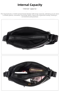 Black litchi-grain shoulder bag with multi-layer zippers and spacious interior compartments