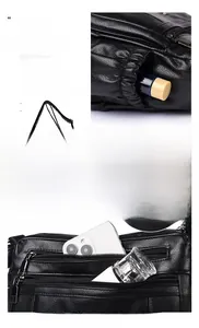 Detail of black pebbled leather crossbody bag showing multiple functional zipper pockets