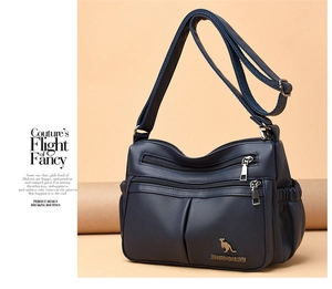 Detailed view of dark blue soft leather crossbody bag with multiple zip pockets and hardware
