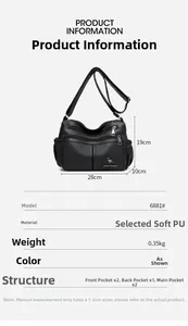 Detailed size chart for black multi-zip PU leather crossbody bag with dimensions and weight