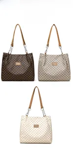 Close-up of vintage monogram chain pattern on soft PU leather large capacity tote bag