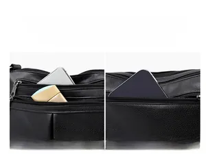 Detail view of multi-layer pockets on black faux leather crossbody bag for daily storage