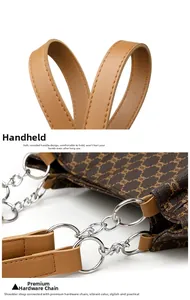 Detail of soft PU leather shoulder bag with smooth round handles and silver chain link