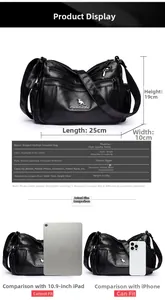 Detailed size specifications for the black multi-zipper crossbody bag with dimensions
