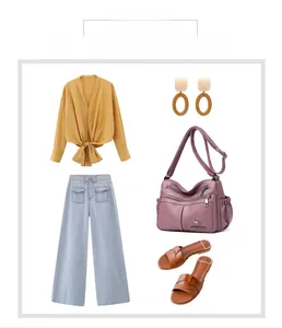 Fashion set featuring a purple multi-layer leather crossbody bag with casual outfit