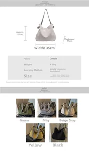 Detailed size chart for large canvas tote bag showing dimensions and five color options