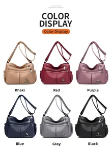 Detailed view of multi-zipper PU leather crossbody bags in six vibrant colors with logo