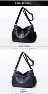 Detail of multi-pocket shoulder bags in black and blue with pebbled faux leather texture