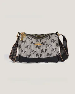 Detail of jacquard fabric bag with double zippers and golden kangaroo logo accent