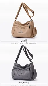 Detail view of khaki and grey handbags featuring multiple zippers and kangaroo logo