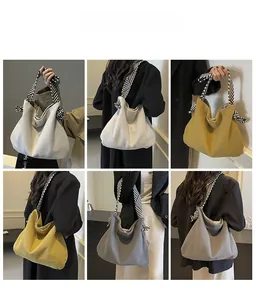Collage of model wearing large corduroy tote bags with zebra pattern scarf decoration