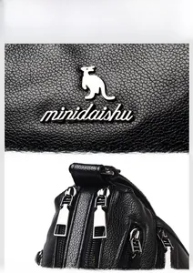 Detail of premium black leather texture with kangaroo logo and polished metal zipper