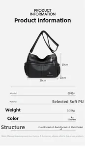 Detailed size specifications of the soft black PU leather crossbody bag with multiple pockets