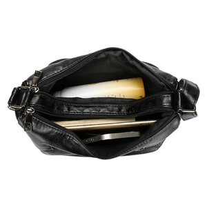 Large capacity black crossbody bag with three zipper compartments and lychee texture