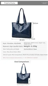 Detail view of navy blue croc-embossed tote bag with size chart and internal structure