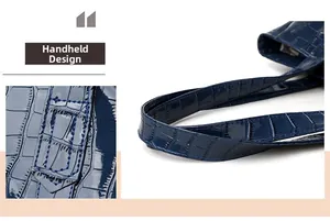 Detail showing high-quality stitching on the deep blue crocodile pattern tote bag handles