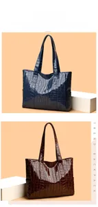 Detail of high-gloss crocodile embossed texture on large navy and brown tote bags
