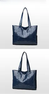 Detailed close-up of blue crocodile pattern patent leather tote bag showing texture