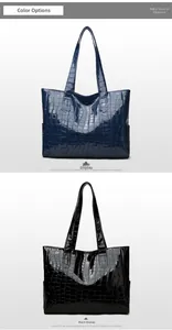 Close-up of high-gloss crocodile pattern tote bags in blue and black patent leather