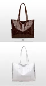 Detail of high-gloss crocodile texture on brown and white large tote bags with side pockets