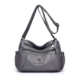 Grey multi-pocket shoulder bag with litchi grain texture and front zipper compartments