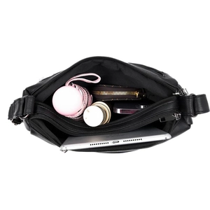 Minimalist black pebble leather shoulder bag with large capacity and multi-compartments