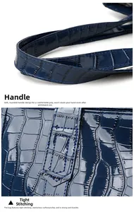 Detail of dark blue crocodile texture tote bag with thick handles and precision stitching