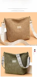 Detail of corduroy tote bag with ethnic geometric wide shoulder strap and leather patch