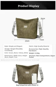 Detailed dimensions and specifications for this green corduroy tote bag with wide strap