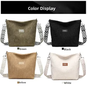 Corduroy tote bag color selection showing green, black, yellow, and white with patterned straps