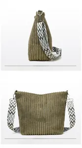 Detail view of olive corduroy tote bag featuring wide geometric pattern shoulder strap