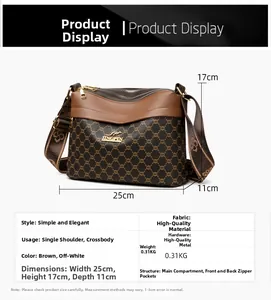 Detailed size chart for brown patterned crossbody bag with three zipper compartments