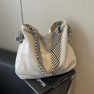 Women Corduroy Tote Bag Large Capacity Hobo Shoulder Handbag With Striped Woven Strap Knot Decor For Daily Travel
