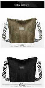 Detail of corduroy tote bags in green and black with geometric woven shoulder straps