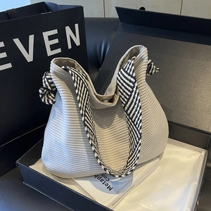 Large capacity corduroy tote bag with geometric woven strap and magnetic buckle closure