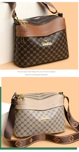 Detail of multi-zipper compartments and printed fabric strap on brown crossbody bag