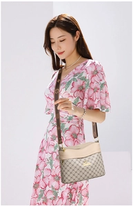 Detail of a beige and brown crossbody bag with grid pattern and gold JINGPIN hardware