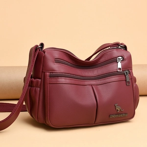 Classic burgundy multi-layer leather crossbody bag for women with gold kangaroo logo