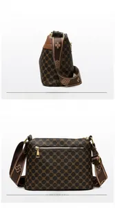 Detailed view of brown floral pattern shoulder bag with three-layer gold zipper closure
