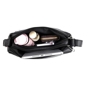 Minimalist black lychee texture leather shoulder bag with large capacity multi-layer design