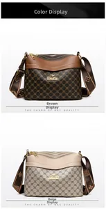 Detailed view of two triple-zip crossbody bags in brown and beige floral print patterns